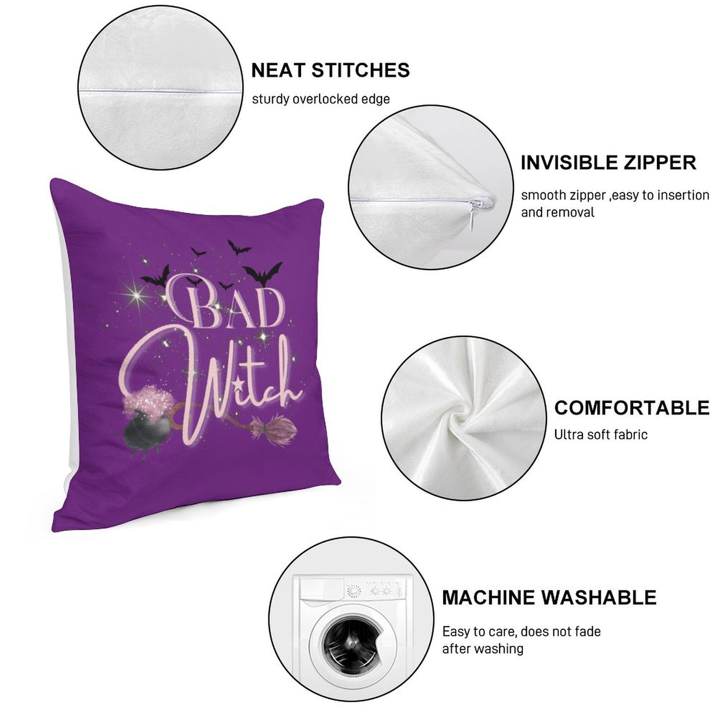 Purple pillow with 'Bad Witch' design and product features on a white background