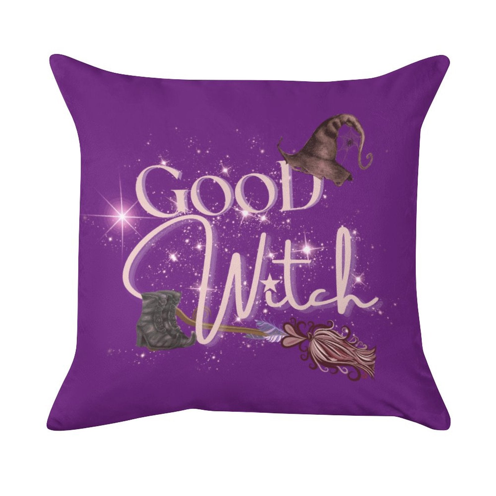 Purple pillow with 'Good Witch' text and witch-themed graphics on a white background