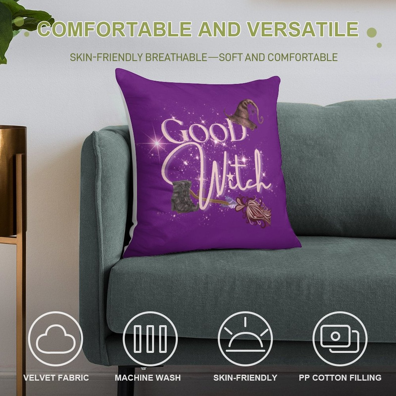 Purple pillow with 'Good Witch' design on a gray couch, featuring text about comfort and versatility.