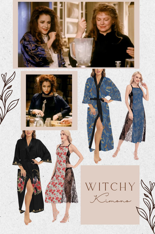 Collage of women wearing various kimono-style outfits with 'Witchy Kimono' branding.