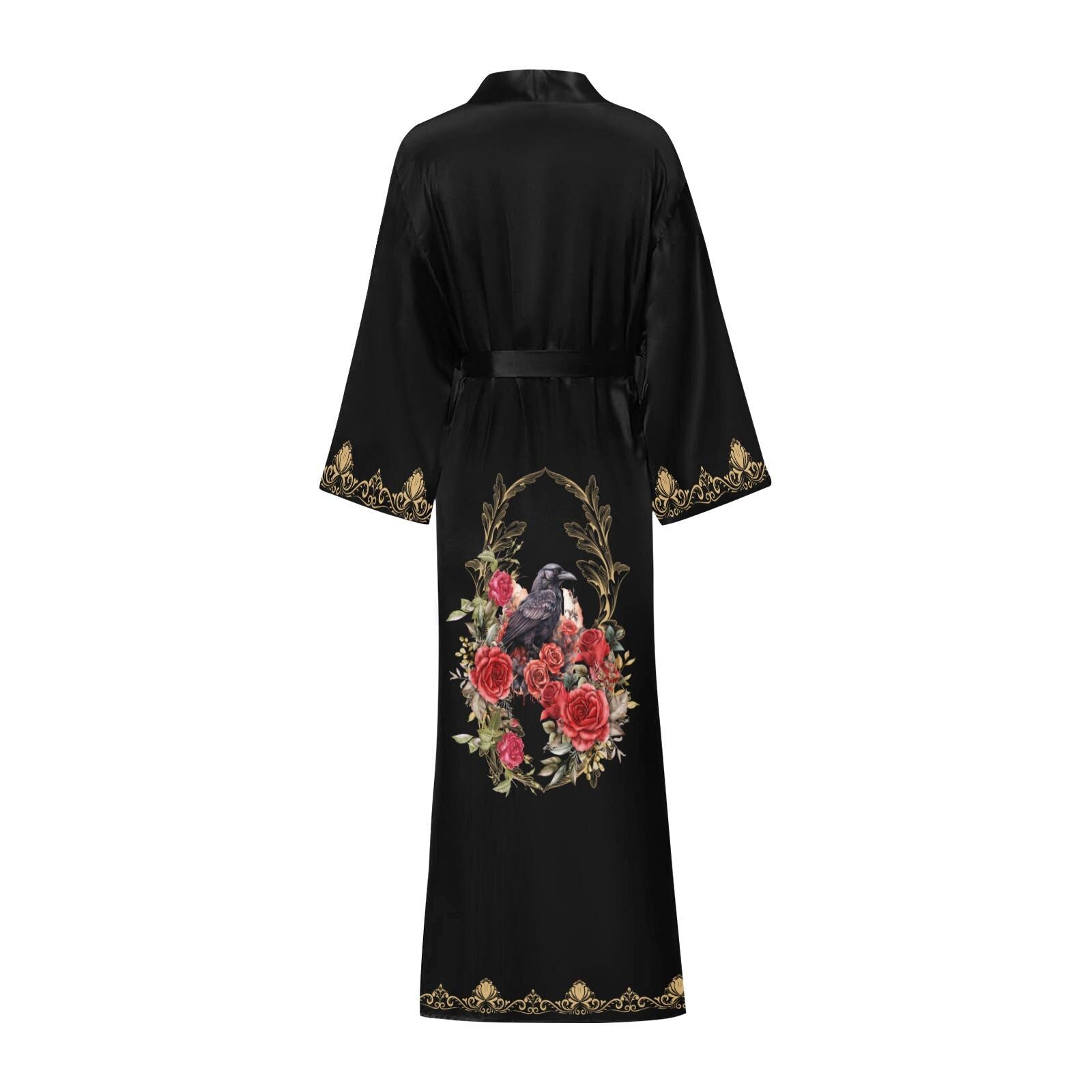 Black robe with floral and bird embroidery on a white background