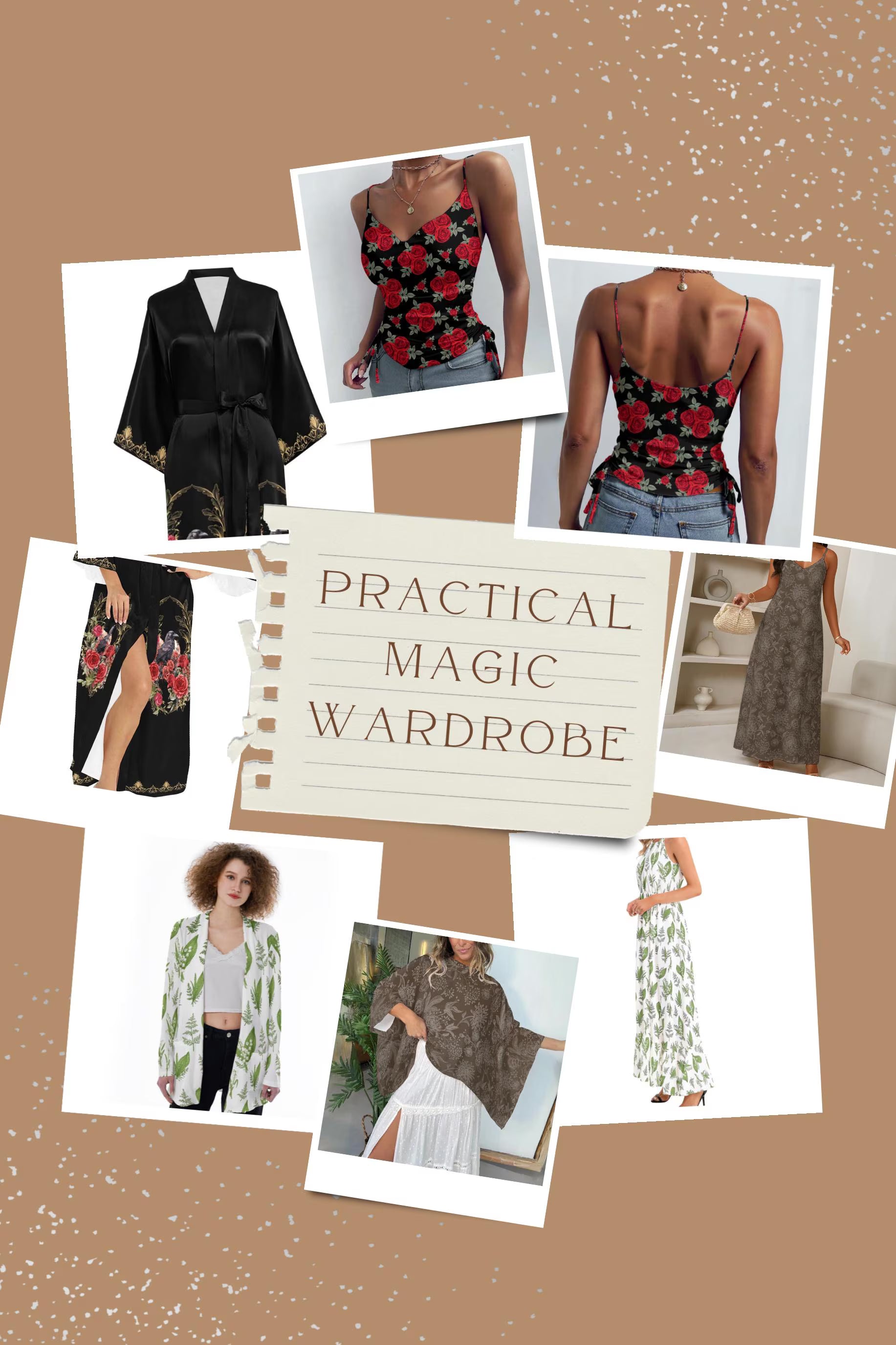 Collage of fashion items with 'Practical Magic Wardrobe' text on a brown background