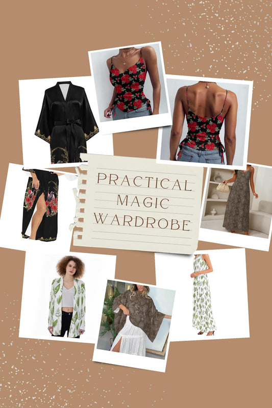 Collage of fashion items with 'Practical Magic Wardrobe' text on a brown background