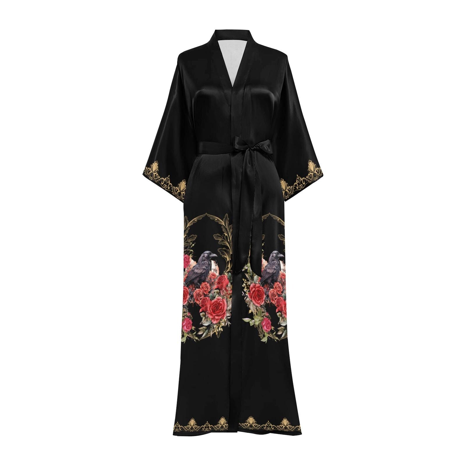 Black satin robe with floral and bird embroidery on a white background