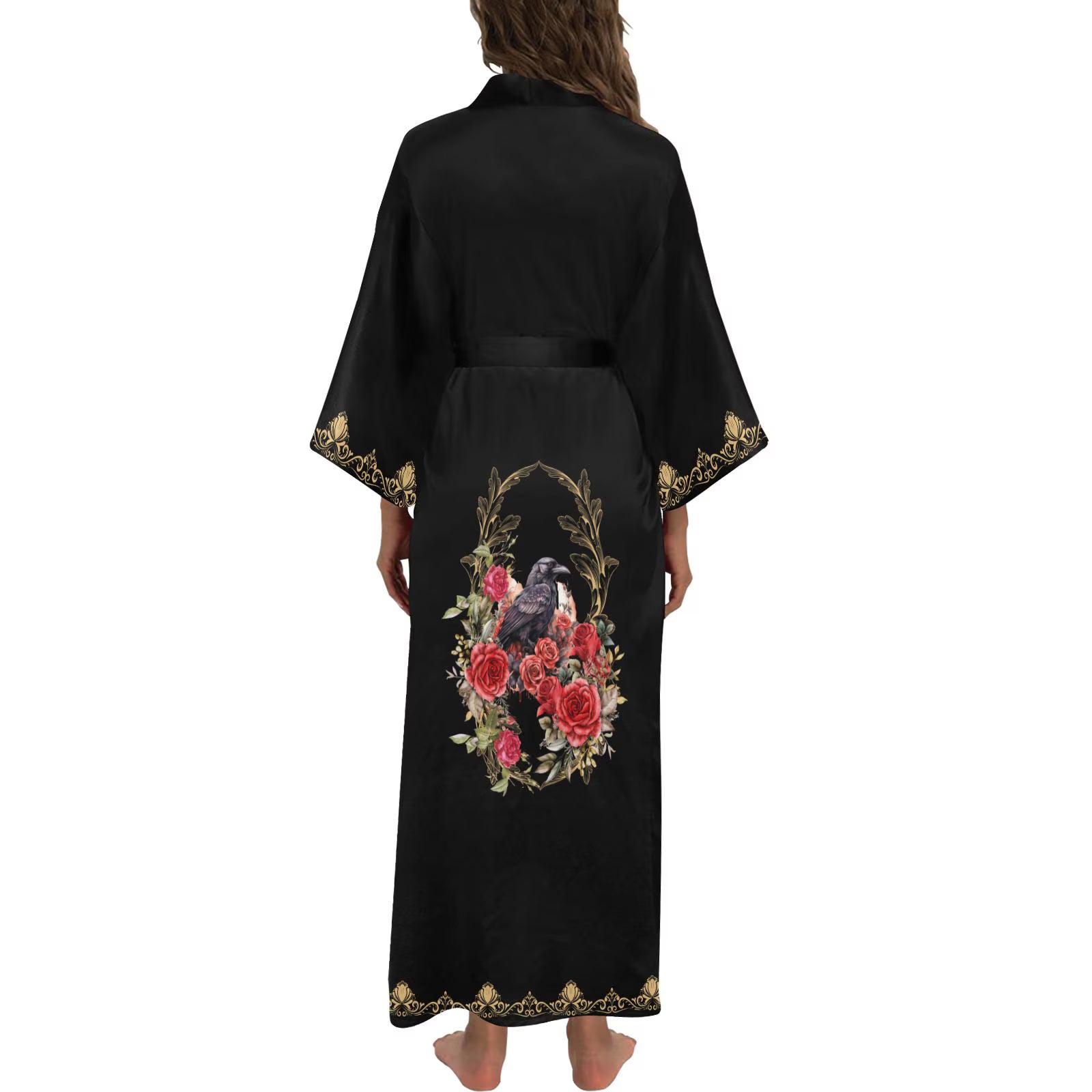 Black robe with floral and bird design on a white background