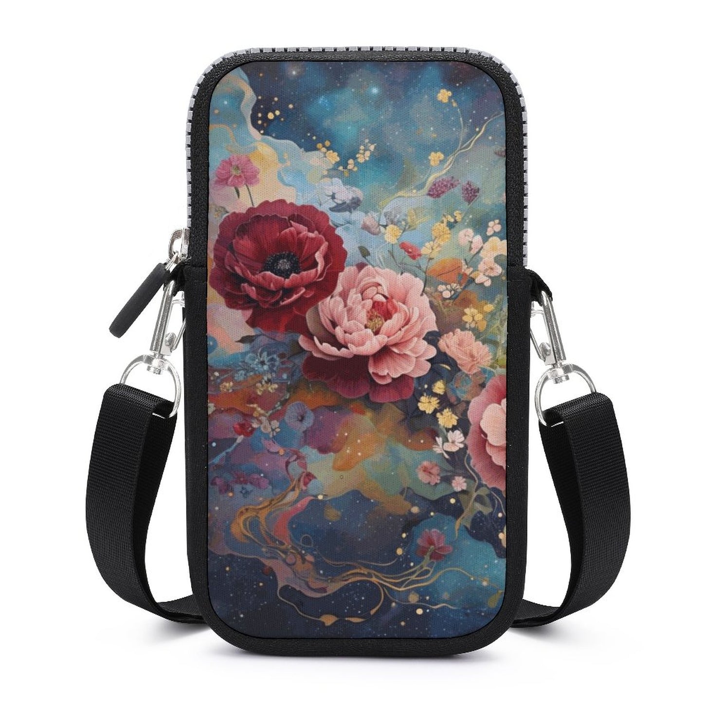 A floral patterned Cell Phone Crossbody Pouch with a black strap and zipper closure.