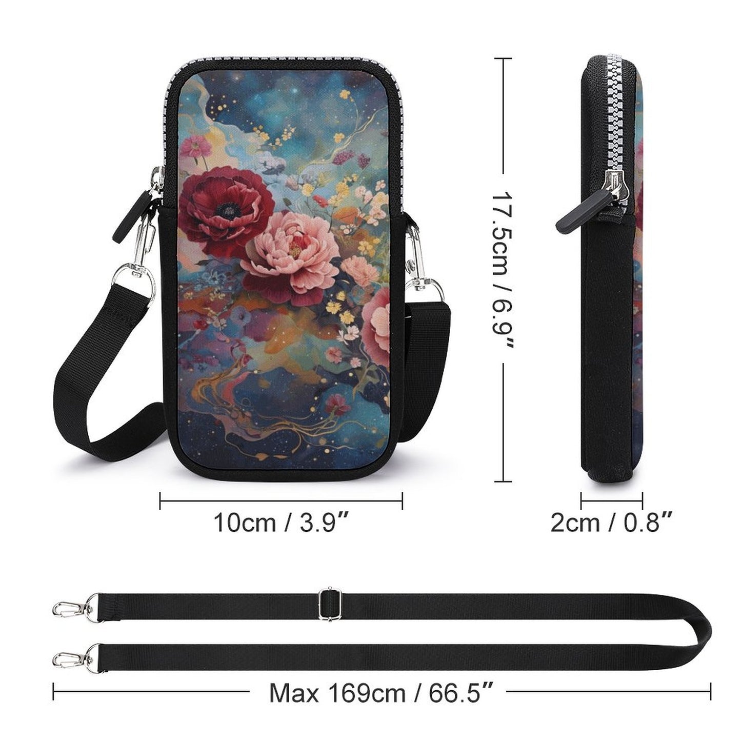 Victorian Rose Cell Phone Crossbody Pouch: Shabby Chic Neoprene Travel Bag