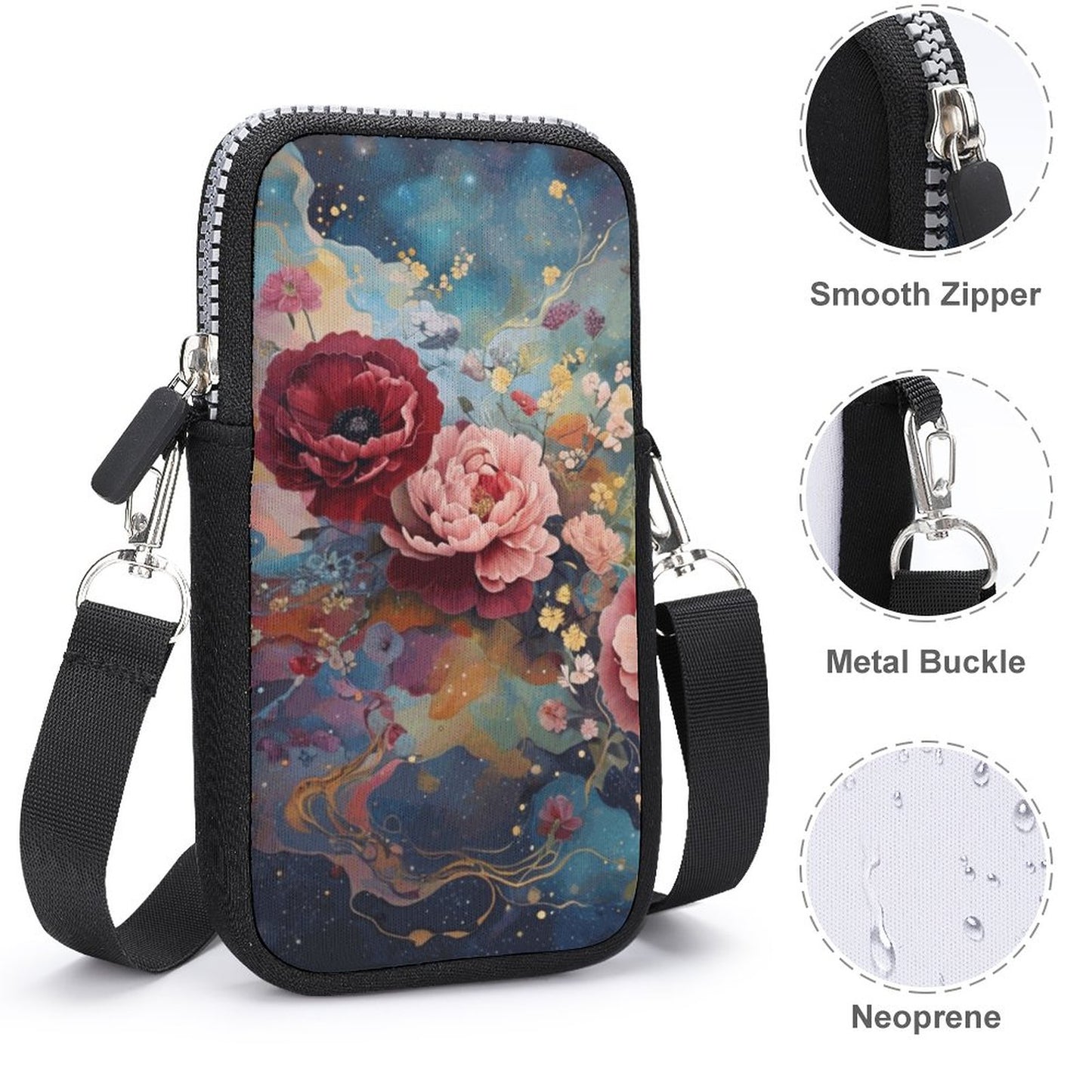 Victorian Rose Cell Phone Crossbody Pouch: Shabby Chic Neoprene Travel Bag