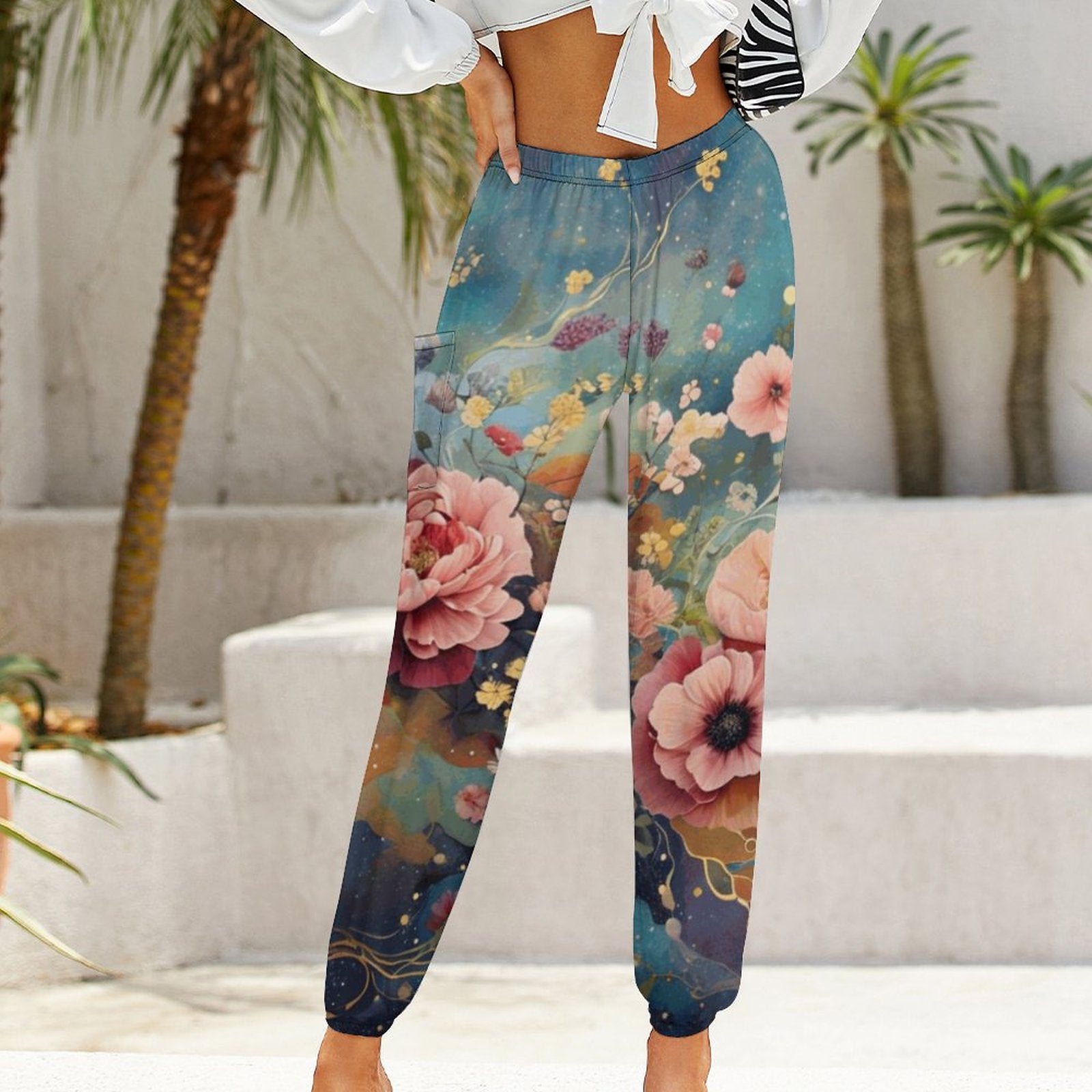 Victorian Roses Casual Yoga Pants, Boho Comfortable Casual Rose Print Pants