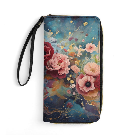 Victorian Roses Leather Wallet with Wristlet Strap, travel wristlet