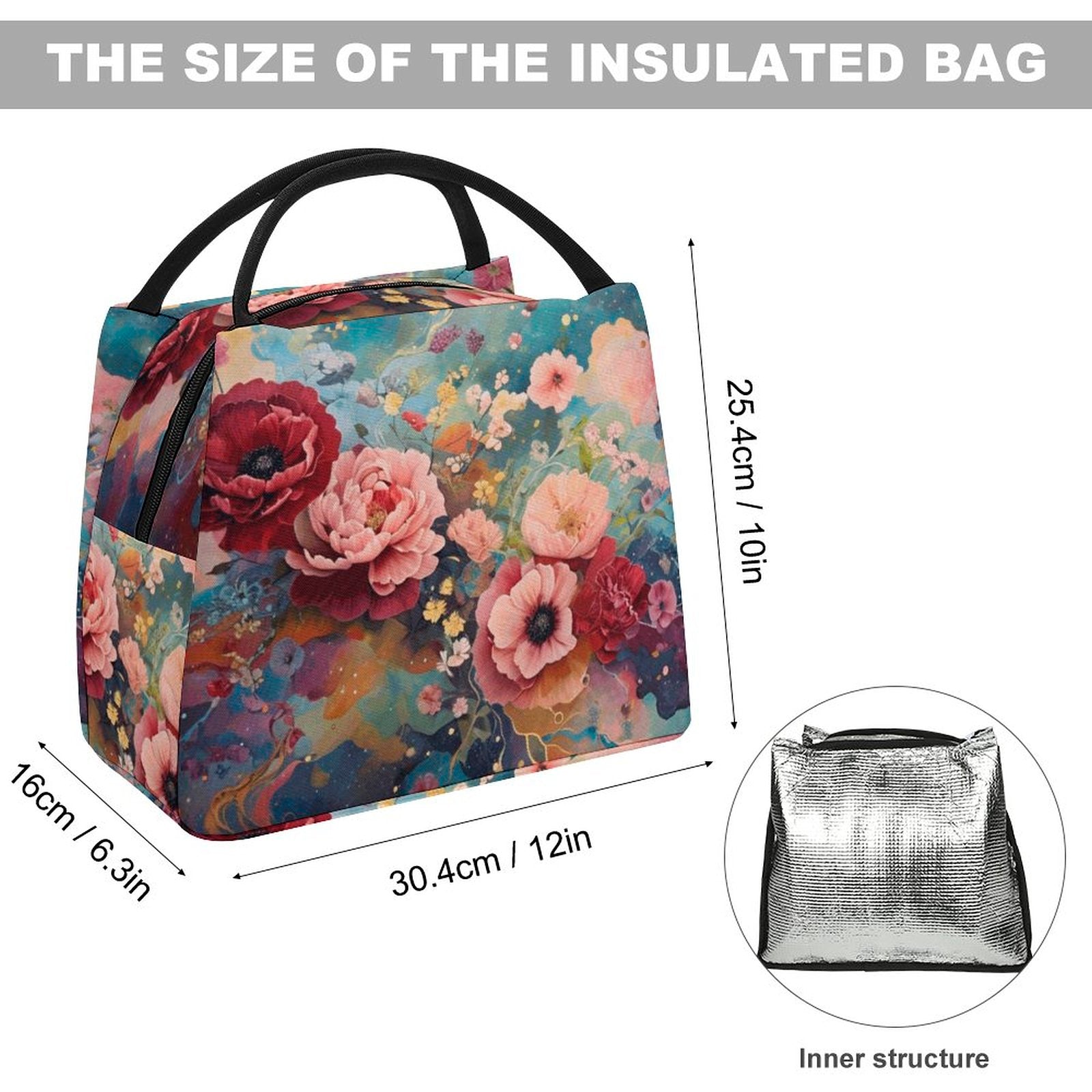 Victorian Roses Lunch Bag, Insulated Pink Roses Lunch Bag