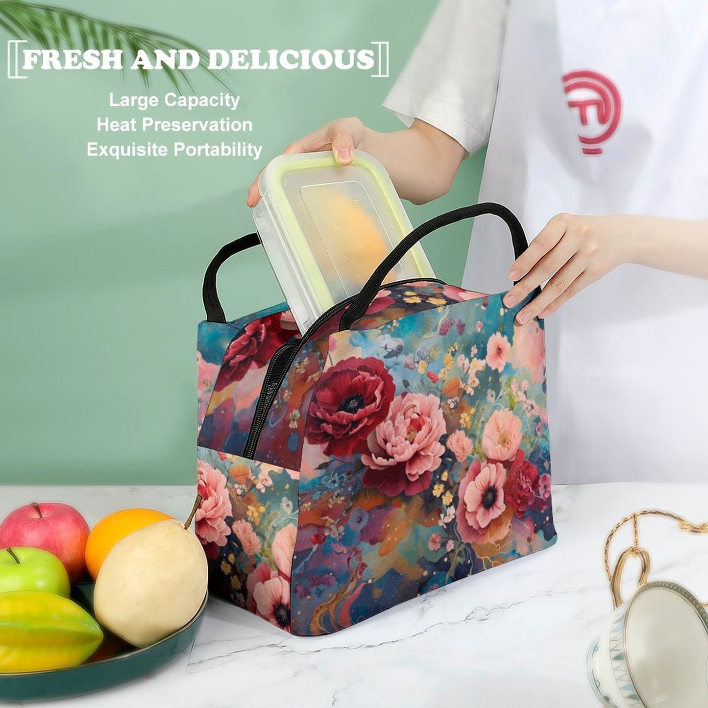 Victorian Roses Lunch Bag, Insulated Pink Roses Lunch Bag