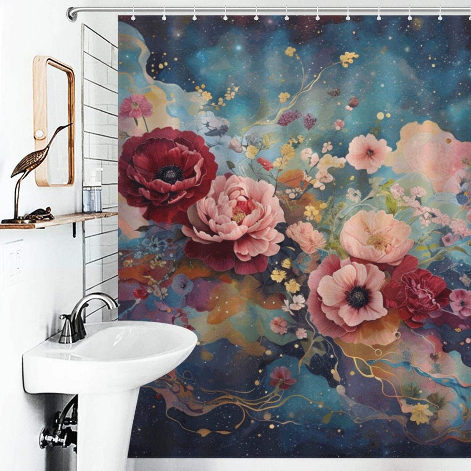 Victorian Roses Shower Curtain, Dark Academia Floral Roses Shower Curtain