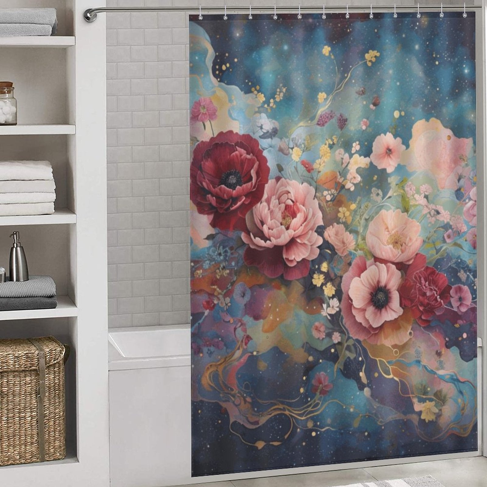 Victorian Roses Shower Curtain, Dark Academia Floral Roses Shower Curtain