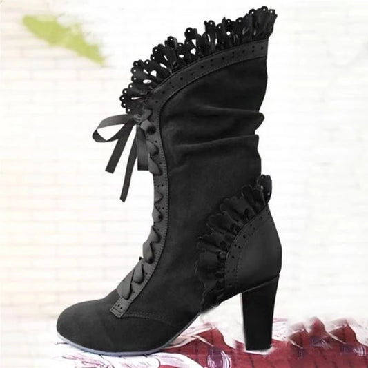 Victorian Style Lacy High Heel Boots, Witchy Retro Leather Winter Boots&nbsp;