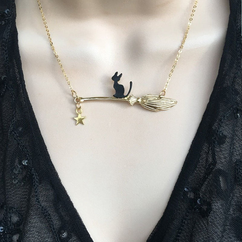 Vintage Black Cat and Broomstick Pendant Necklace