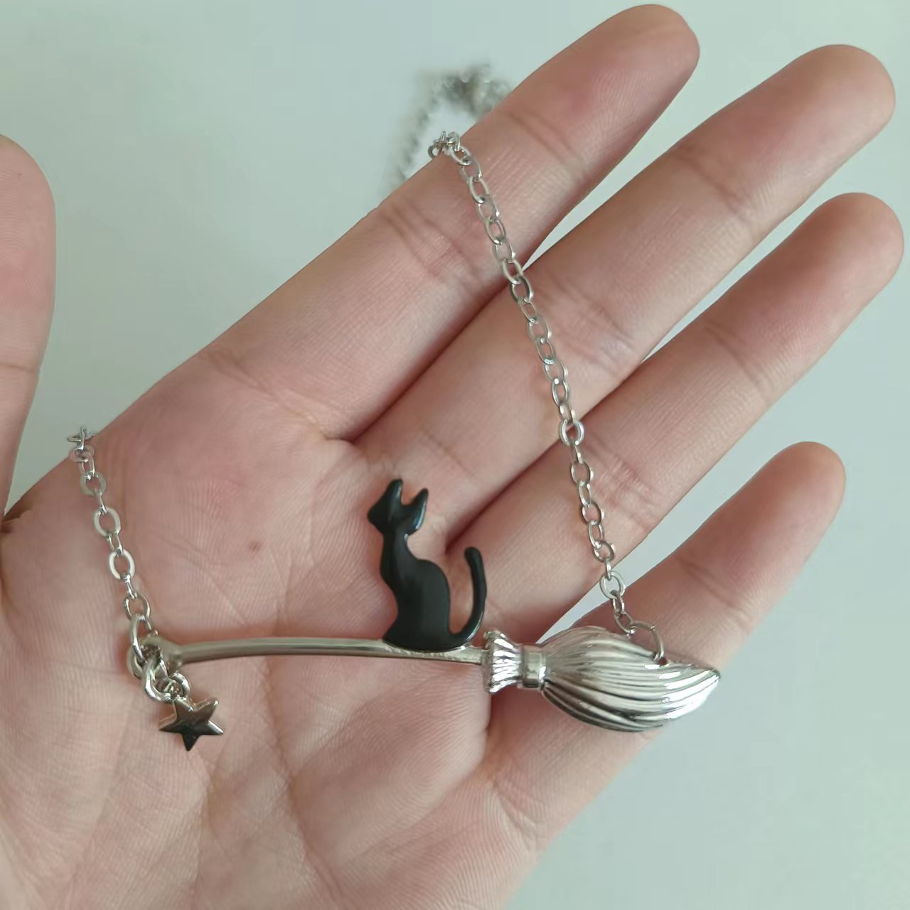 Vintage Black Cat and Broomstick Pendant Necklace