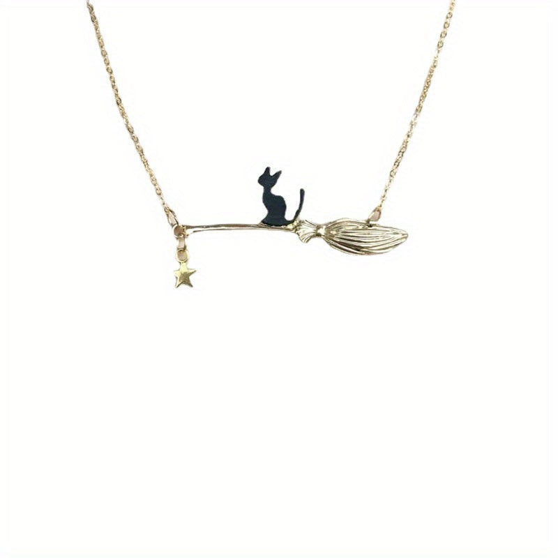 Vintage Black Cat and Broomstick Pendant Necklace