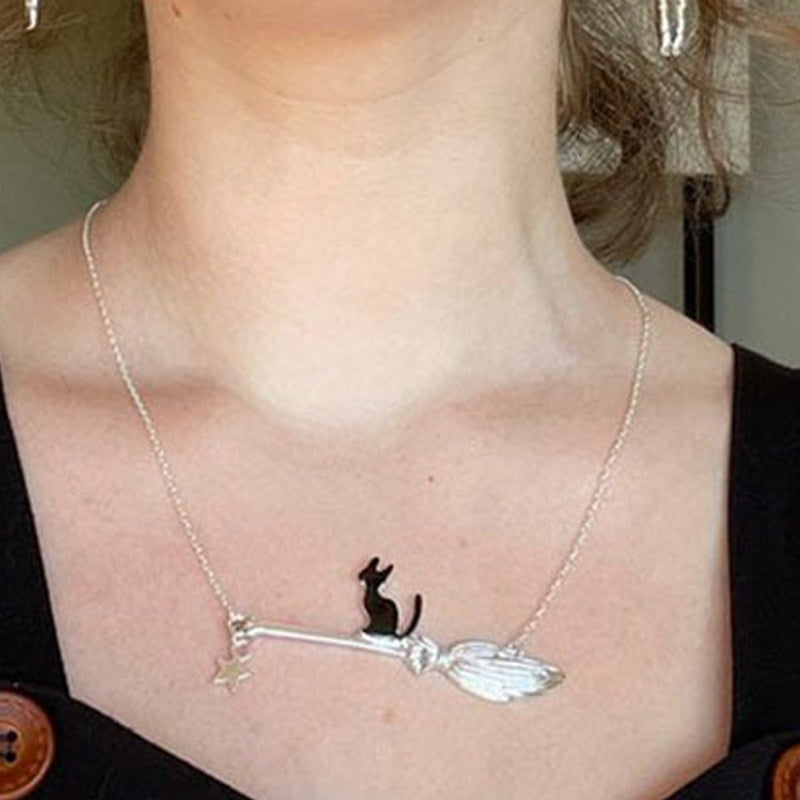 Vintage Black Cat and Broomstick Pendant Necklace