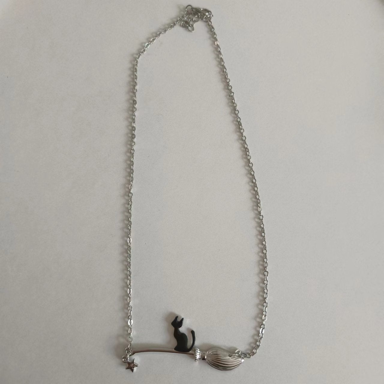 Vintage Black Cat and Broomstick Pendant Necklace