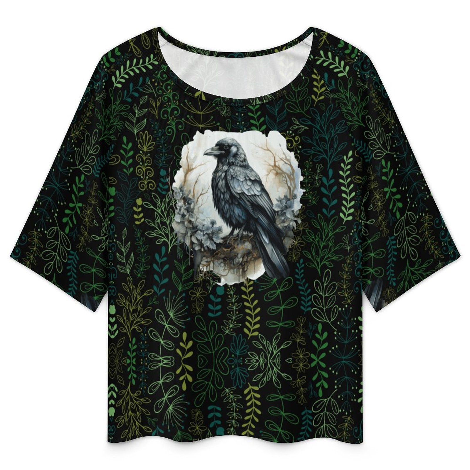 Black t-shirt with a crow and floral design on a white background