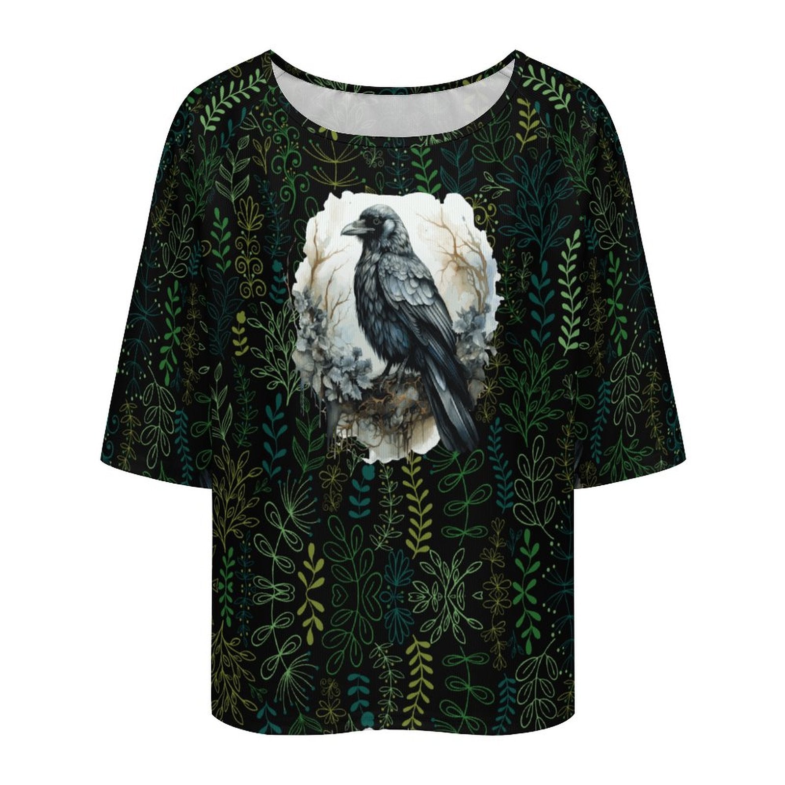 Black t-shirt with a bird and leaf pattern on a white background