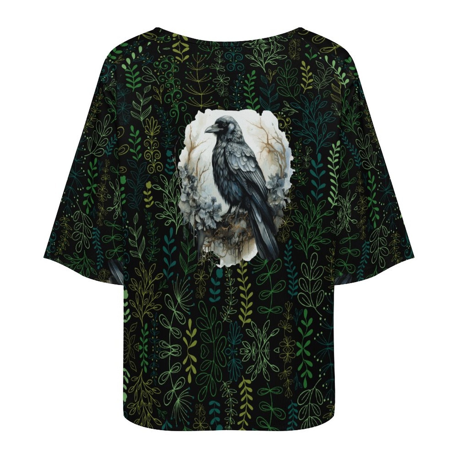 Black blouse with a crow design on a white background