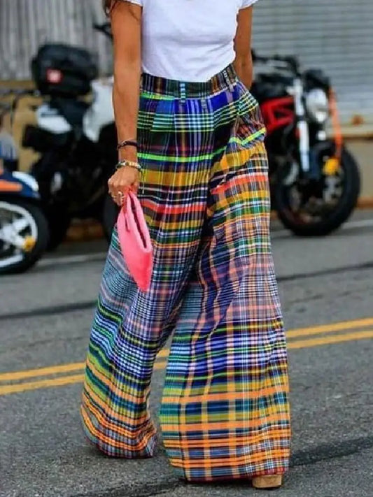 Vintage Multi-colored Plaid Pants, Casual Floor-length Wide Leg Pants 