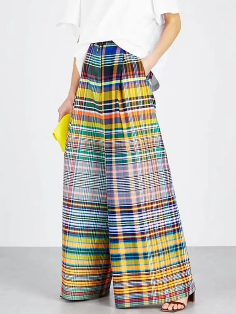 Vintage Multi-colored Plaid Pants, Casual Floor-length Wide Leg Pants 