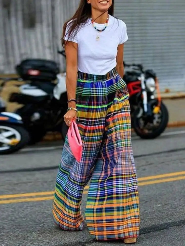Vintage Multi-colored Plaid Pants, Casual Floor-length Wide Leg Pants 