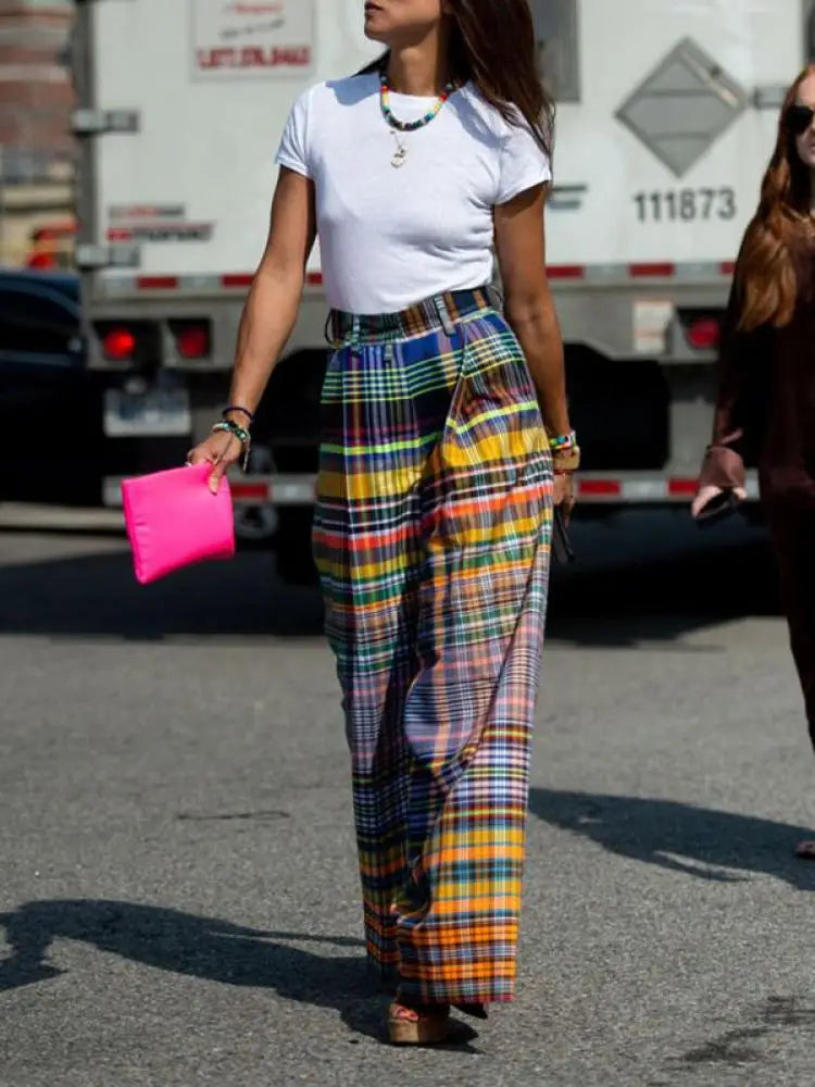 Vintage Multi-colored Plaid Pants, Casual Floor-length Wide Leg Pants 