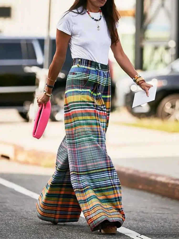 Vintage Multi-colored Plaid Pants, Casual Floor-length Wide Leg Pants 