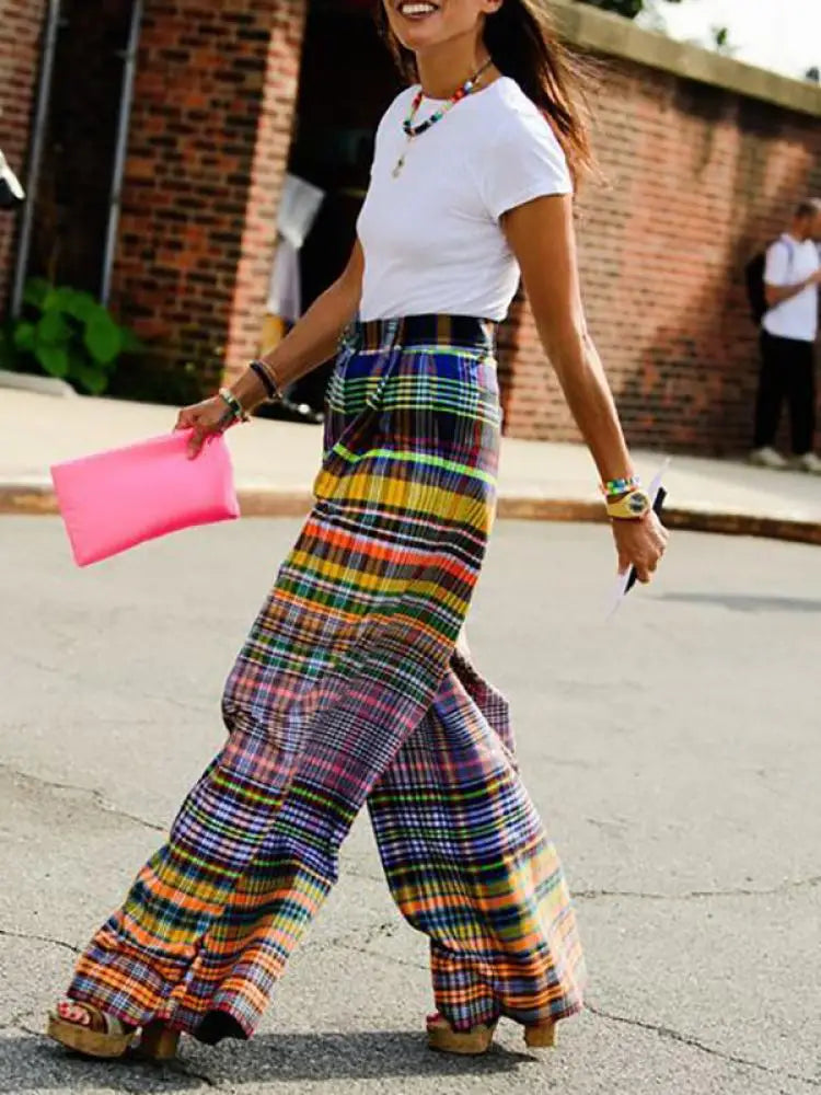 Vintage Multi-colored Plaid Pants, Casual Floor-length Wide Leg Pants 