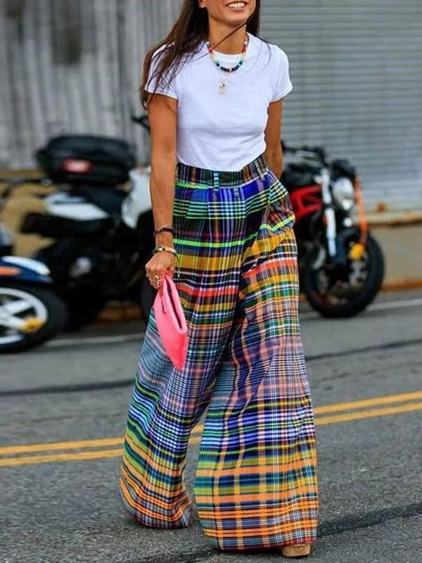 Vintage Multi-colored Plaid Pants, Casual Floor-length Wide Leg Pants 
