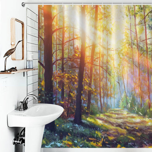 Watercolor Spring Forest Shower Curtain, Enchanting Forest Path Shower Curtain