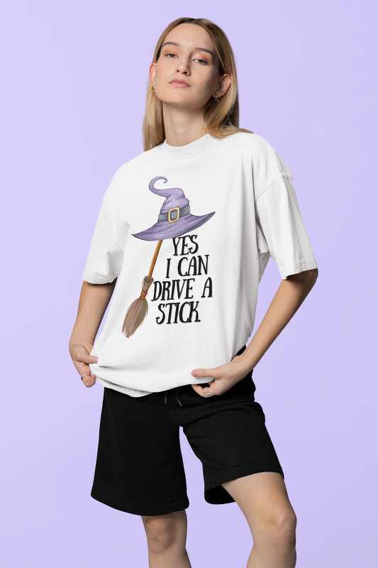 Whimsical Witch T-Shirt: "Yes I Can Drive A Stick" Halloween Tee