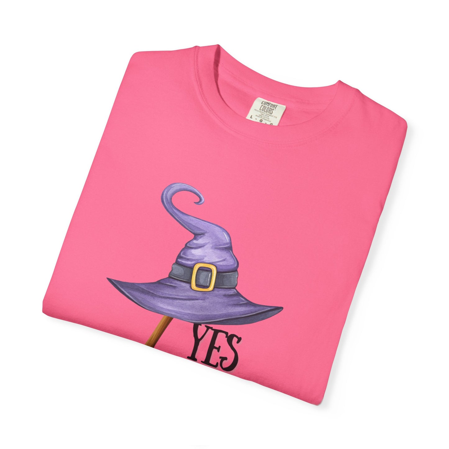 Pink t-shirt with a purple witch hat and 'YES' text on a white background