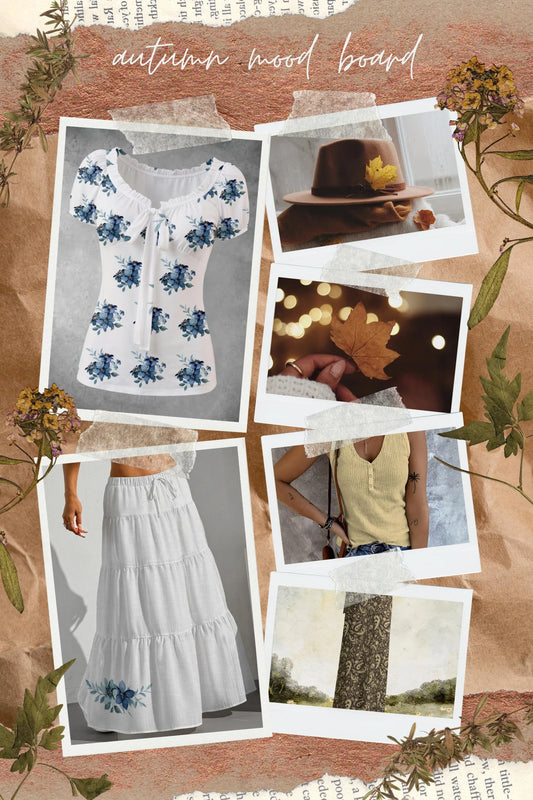Collage of fashion items and scenic photos on a textured background with 'autumn mood board' text.
