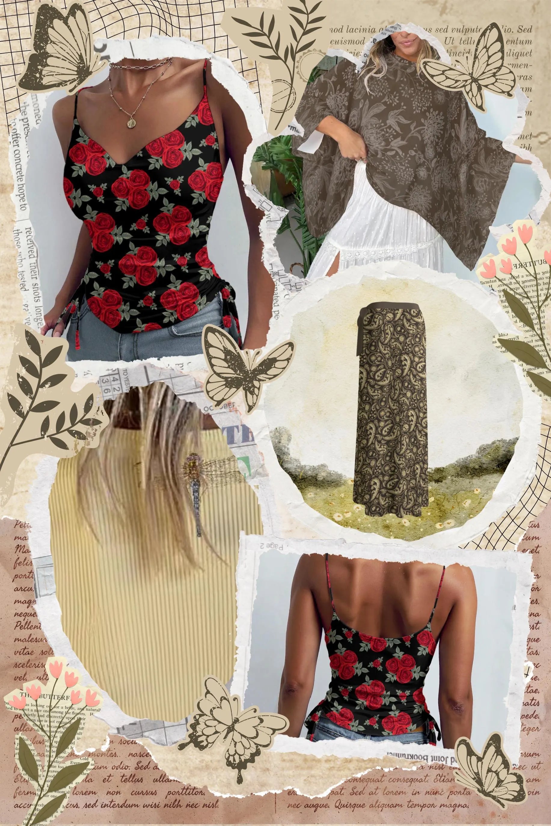 Collage of a woman wearing a floral top with a butterfly and nature-themed background
