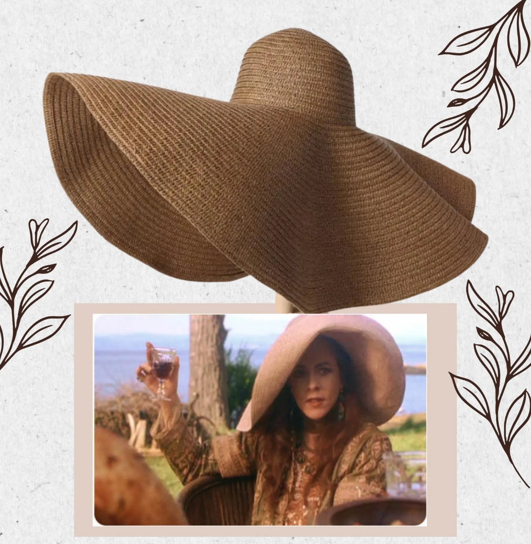Brown straw hat with a smaller inset showing a person wearing it outdoors.
