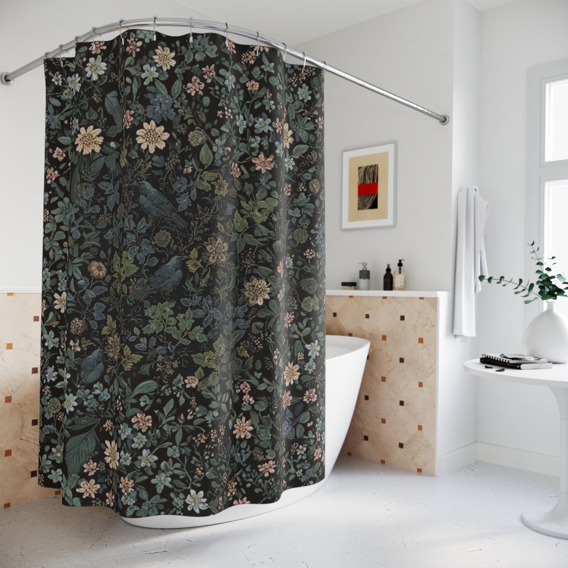 Floral-patterned shower curtain in a bathroom setting