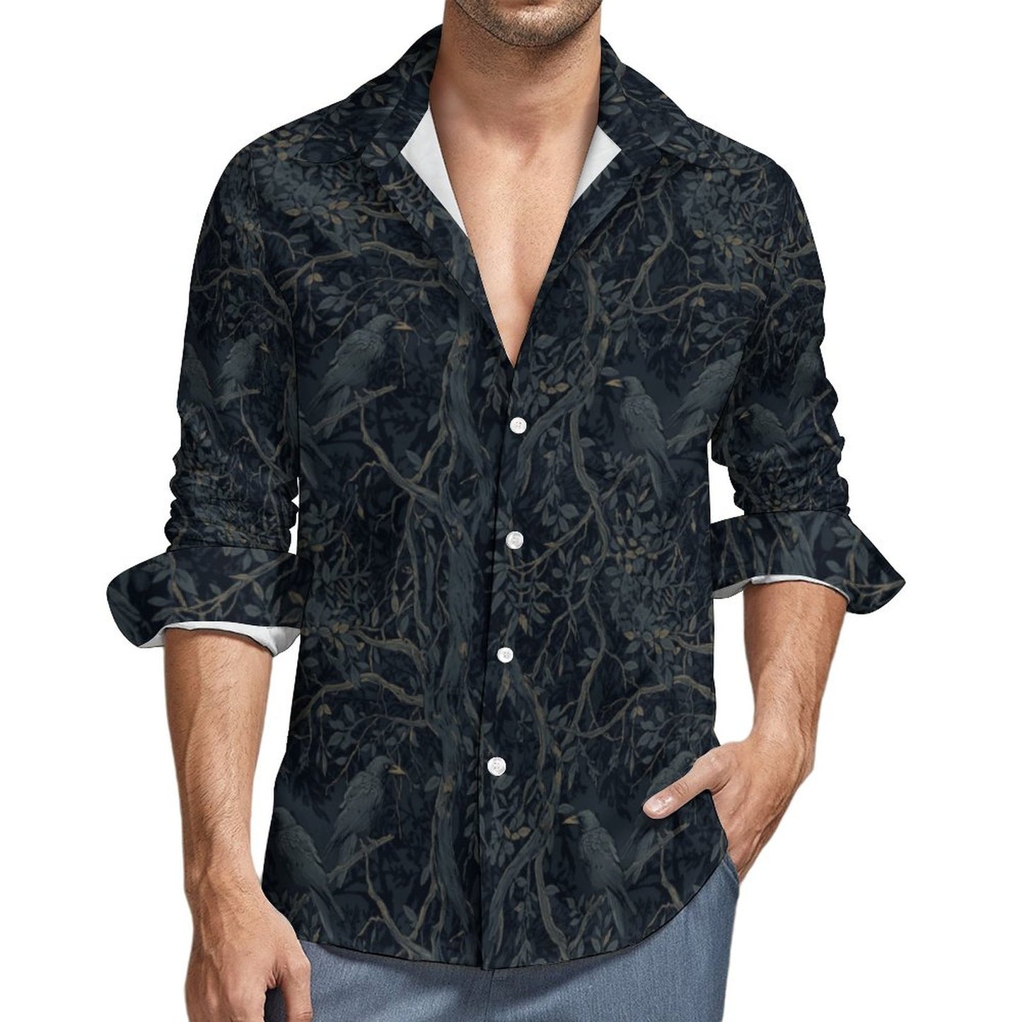 William Morris Crows Faux Linen Men Long Sleeve Shirt with Pocket, Corporate Goth