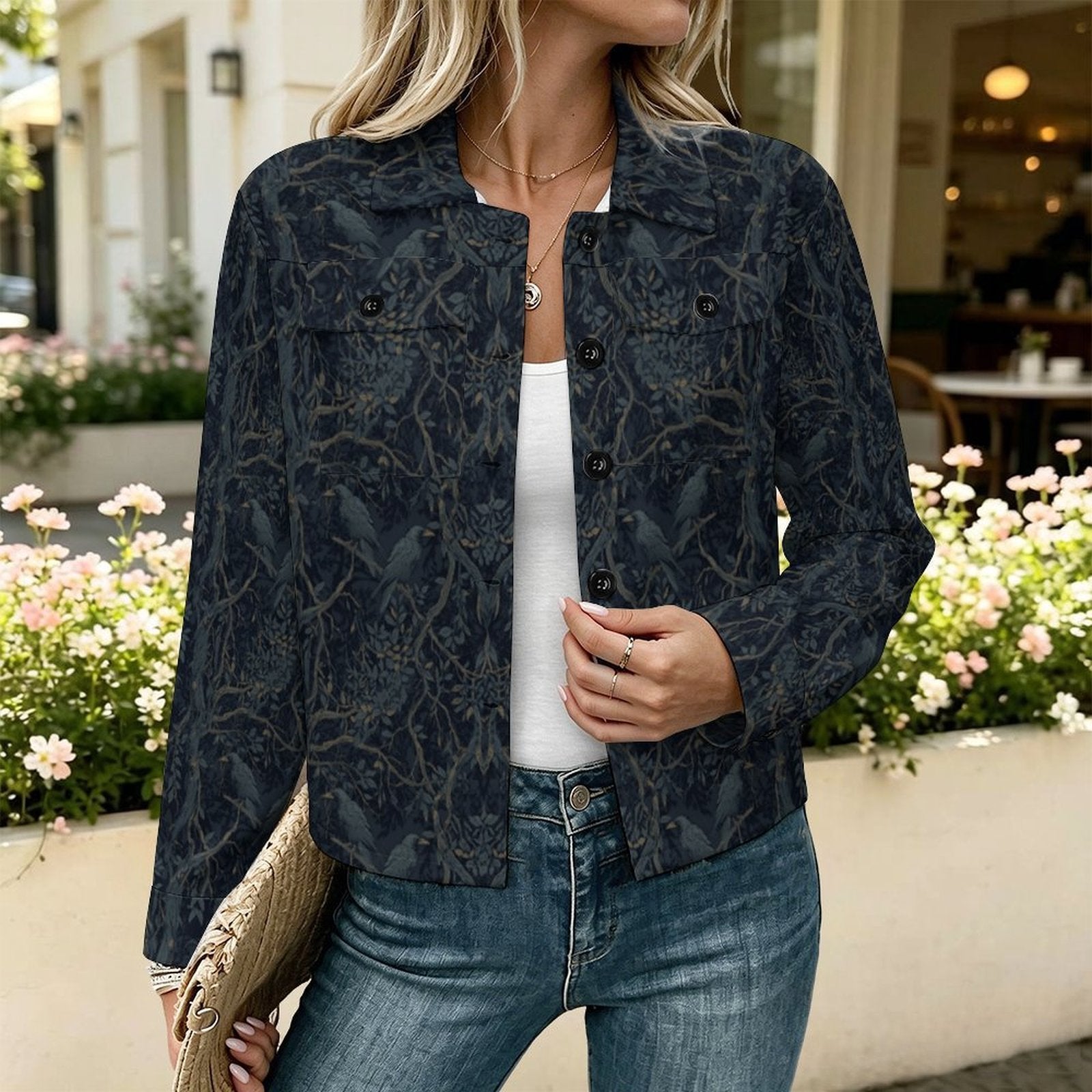 A woman wearing a dark navy blue button-up shirt jacket with a subtle bird and branch pattern, styled over a white top and blue jeans in an outdoor cafe setting.