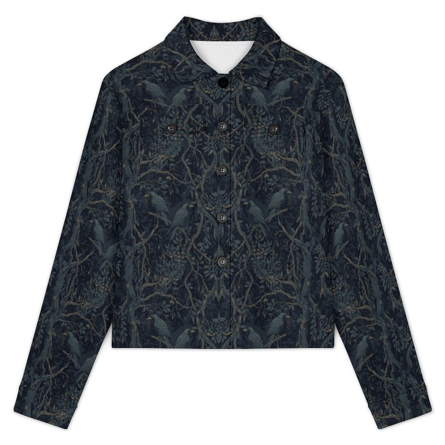 A long-sleeve button-up shirt jacket featuring a dark navy blue and black bird and branch pattern, displayed flat against a solid white background.