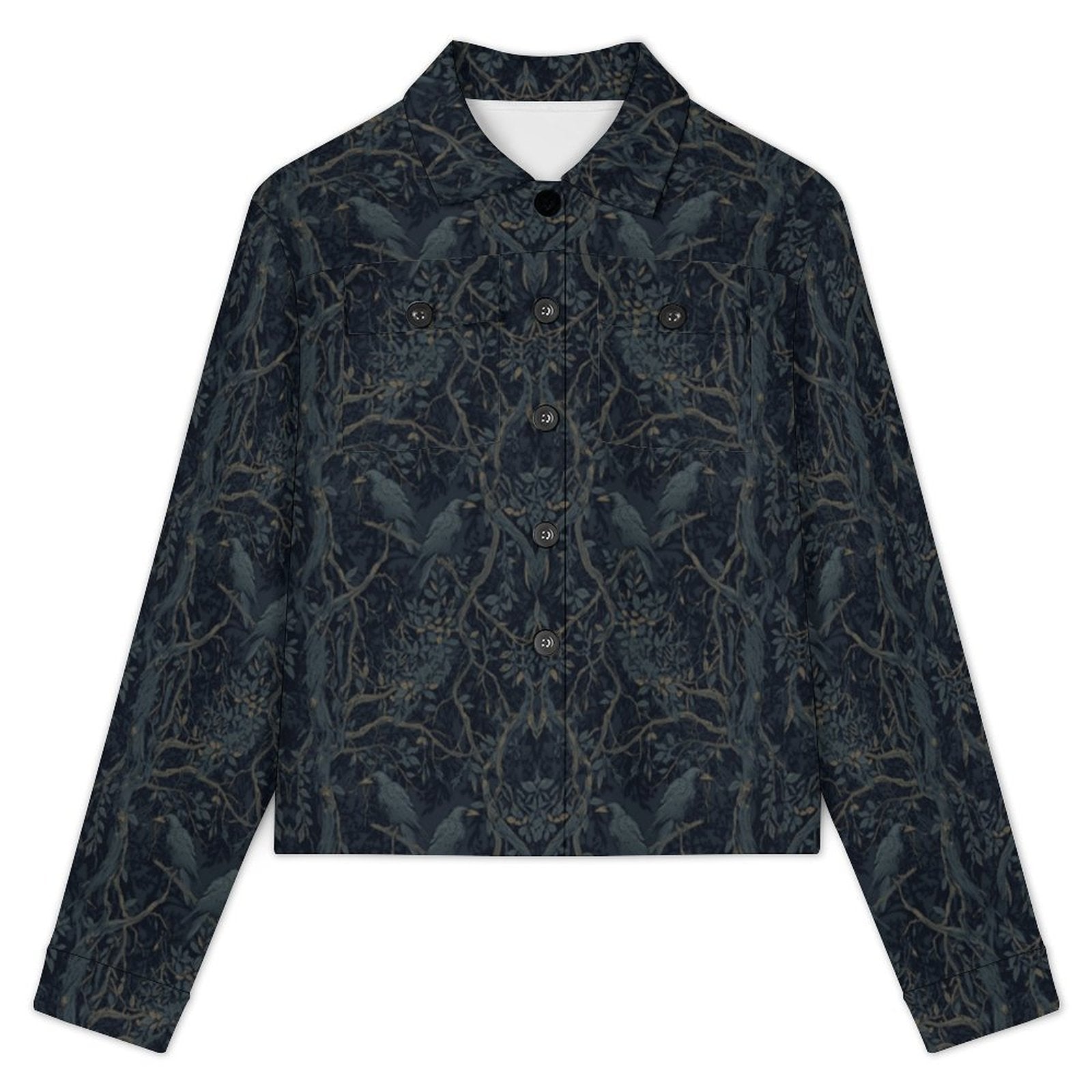 A long-sleeve button-up shirt jacket featuring a dark navy blue and black bird and branch pattern, displayed flat against a solid white background.