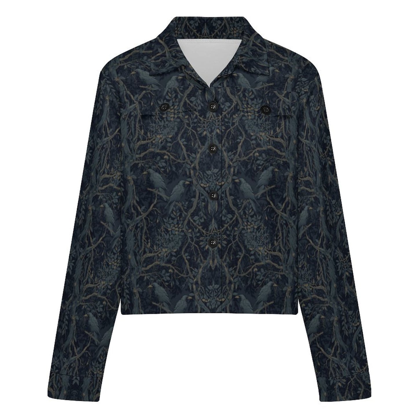 A cropped long-sleeve button-up shirt jacket featuring an intricate dark navy and black damask-style pattern with gold-toned floral and bird motifs, displayed on a solid white background.