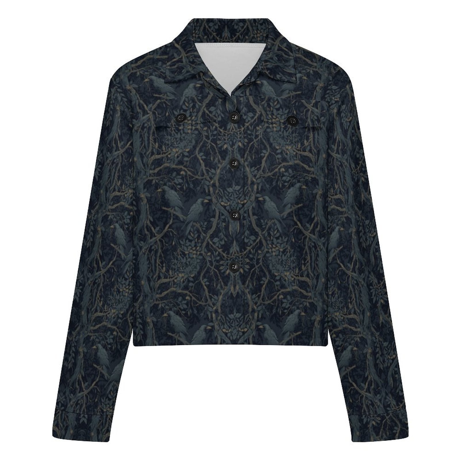 A cropped long-sleeve button-up shirt jacket featuring an intricate dark navy and black damask-style pattern with gold-toned floral and bird motifs, displayed on a solid white background.
