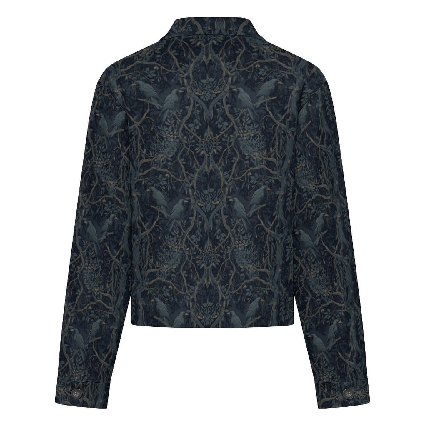 A cropped long-sleeve jacket with a dark navy blue and black base, featuring an intricate symmetrical pattern of birds and branches in muted gold and gray tones, shown against a plain white background.