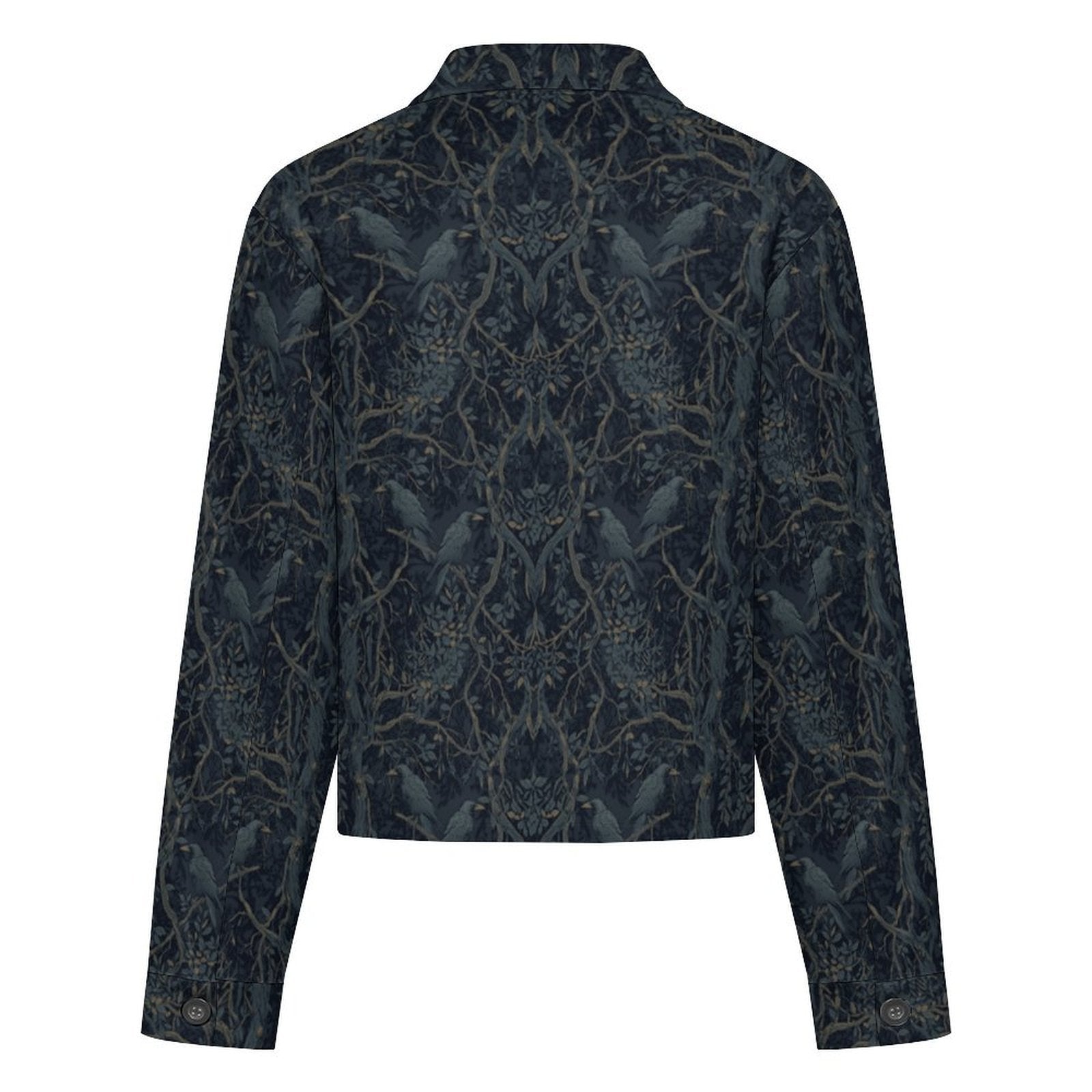 A cropped long-sleeve jacket with a dark navy blue and black base, featuring an intricate symmetrical pattern of birds and branches in muted gold and gray tones, shown against a plain white background.