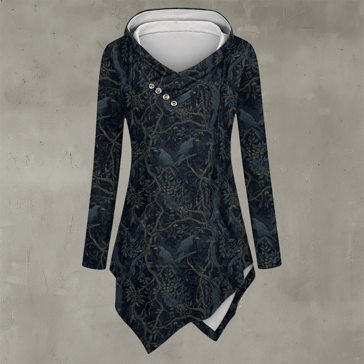 Dark patterned dress with buttons on a gray background